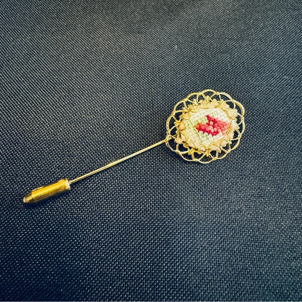 Vintage Coquette Rose Petit Point Gold and Floral Lapel/Hat Pin Brooche